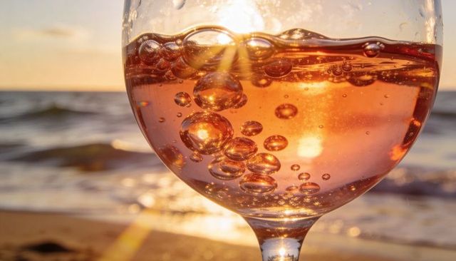 Golden rosé bubbles catching sunset light in stemmed glass on coastal shoreline