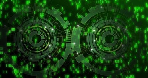 Dual Neon Green HUD Interface with Rotating Concentric Rings and Digital Grid