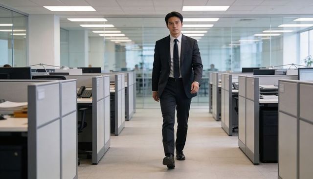 Business executive walking through modern open-plan office aisle between cubicles, desks