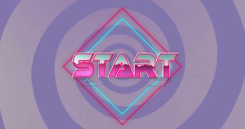 Retro Start Text with Neon Geometric Design on Purple Background