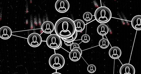 Glowing avatar network connecting nodes and hubs over binary data grid with red accents