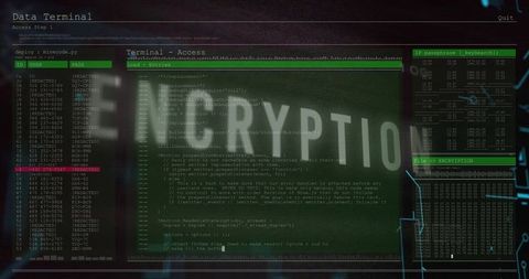 Displaying Cyber Terminal with ENCRYPTION Overlay, Green Code Console, HUD Elements and Data Logs