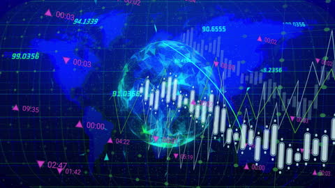 Digital Financial Data Animation with World Map Background