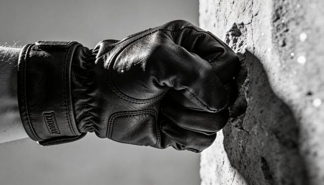 Clenched leather glove punching cracked concrete wall monochrome high-contrast closeup