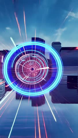 Opening Holographic Portal Over Reflective Skyline Sending Neon Beams | Futuristic Vertical Video