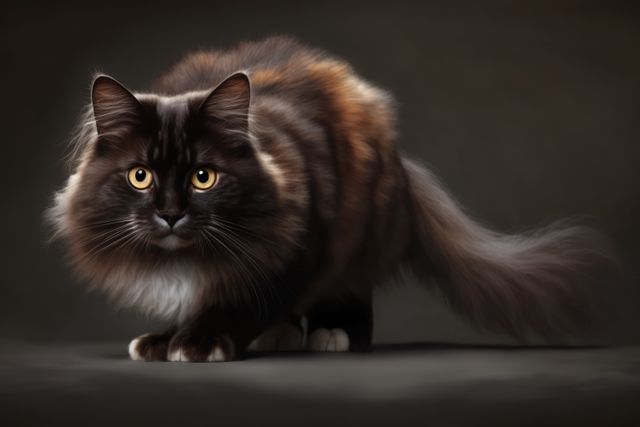 Black and brown cat with yellow eyes on black background created using generative ai technology. Animals, pets and nature concept digitally generated image.