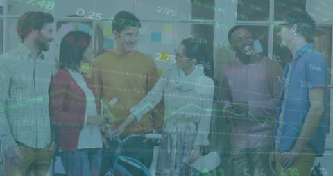 Diverse Team with Financial Data Overlay in Office Setting