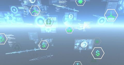 Holographic Financial Environmental HUD with Floating Hex Icons and Futuristic Data Analytics