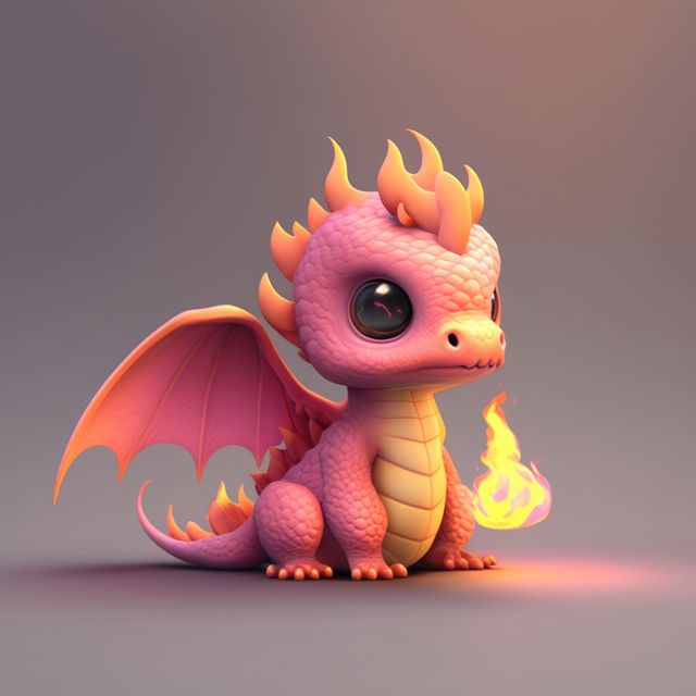 Image of cute pink dragon with fireball on purple background, using generative ai technology. Dragon and fantasy concept.