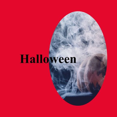 Halloween pumpkin with mysterious smoke on red background