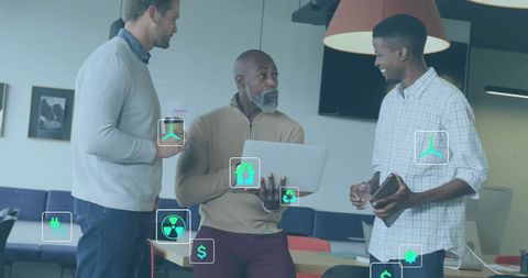 Diverse team discussing eco-friendly business solutions in modern office