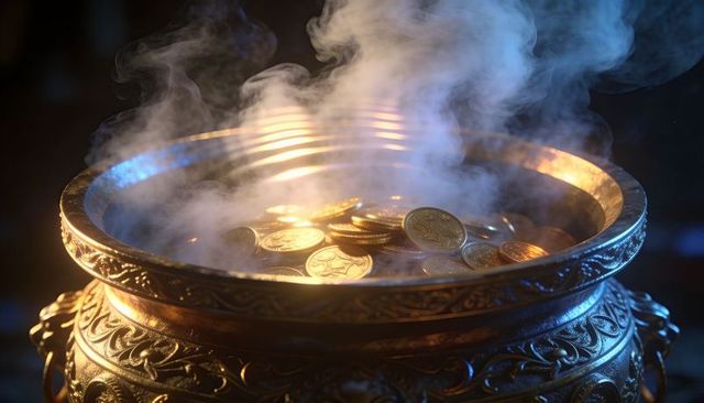 Glowing ornate cauldron holding gold coins, rising steam, amber and blue glow