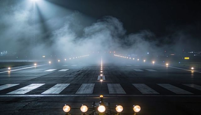 Glowing runway centerline leading into fog on night tarmac with reflective edge lights