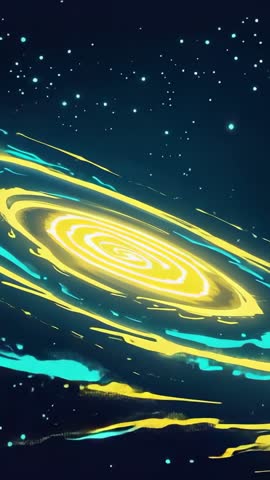 Vertical Neon Spiral Galaxy Rotating and Pulsing Yellow Teal Rings Futuristic Loop Video