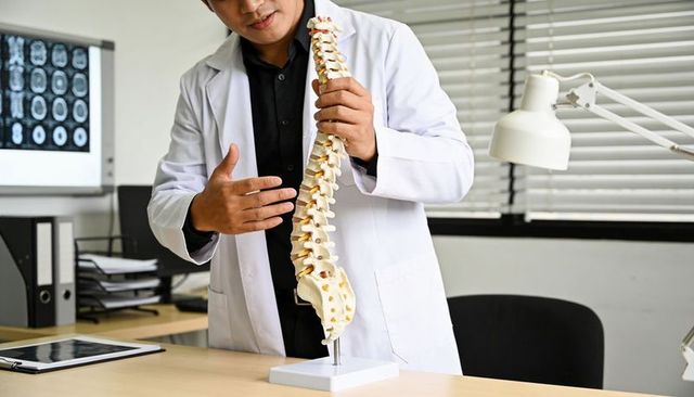 Doctor holding spinal model explaining vertebrae anatomy and back pain in clinic