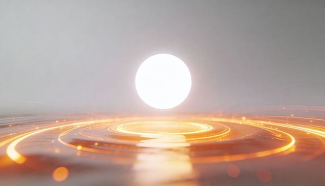 Glowing orb hovering above golden light rings on glossy reflective surface, particle glow