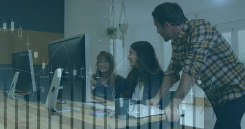 Business Team Analyzing Financial Data in Office with Digital Overlay
