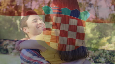 Croatian Flag Overlays Embracing Couple Expressing Love and Patriotism