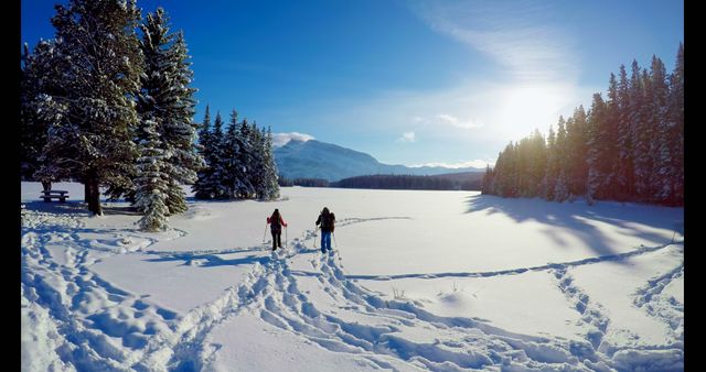 Two people snowshoeing through snow-covered landscape surrounded by mountains under clear blue sky. Ideal for fitness, travel, outdoor adventure, and winter tourism promotions. Highlights the beauty of natural winter scenery and active outdoor lifestyles.