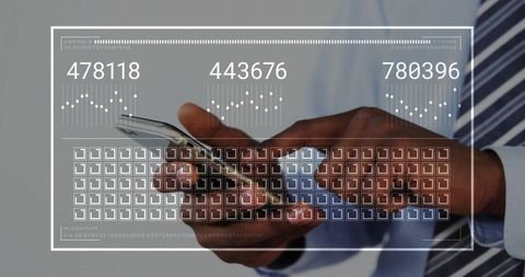 Businessman Navigating Smartphone Display With Numeric Information Graphs