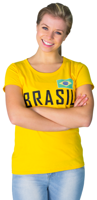 Smiling Woman Wearing Brazil T-Shirt with Arms Crossed on Transparent Background - Download Free Stock Videos Pikwizard.com