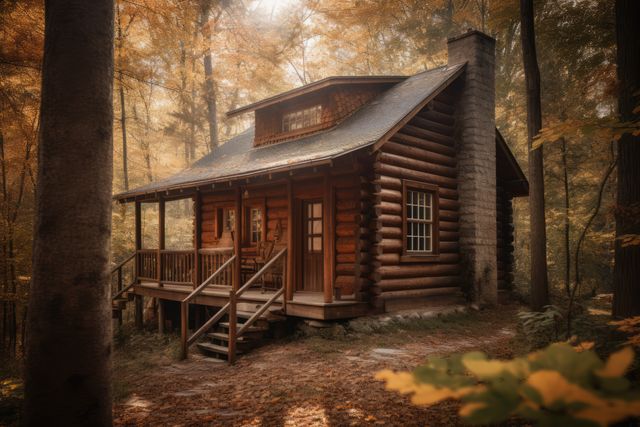 Log cabin nestled in a serene autumn forest surrounded by trees. Ideal for promotions of cozy getaways, rustic vacation rentals, and outdoor retreat spots. Can be used to highlight peaceful outdoor settings, nature escapes, and seasonal beauty.