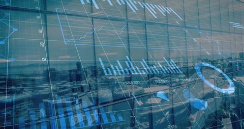 Digital financial graphs overlaying cityscape for global economic insights