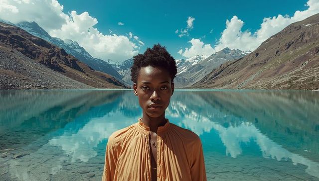 Tranquil Portrait by Mountain Lake and Reflected Peaks