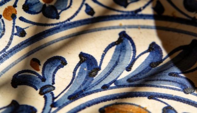 Macro showing blue hand-painted ceramic plate with crackle glaze and floral cobalt strokes