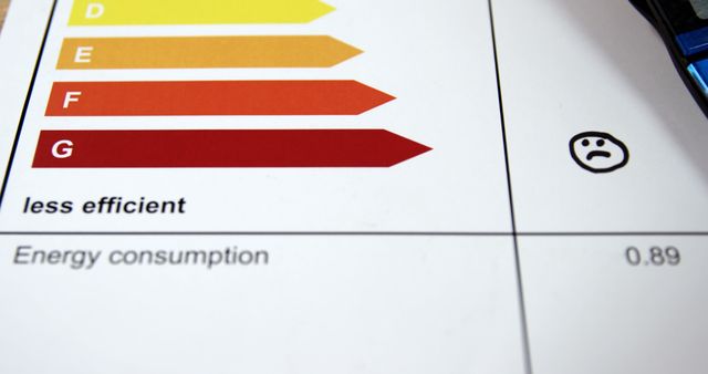 Colorful arrows indicate energy rating from more efficient to less efficient. Sad face illustration highlights poor efficiency. Useful for articles and materials on energy consumption, appliance efficiency, and environmental impact.