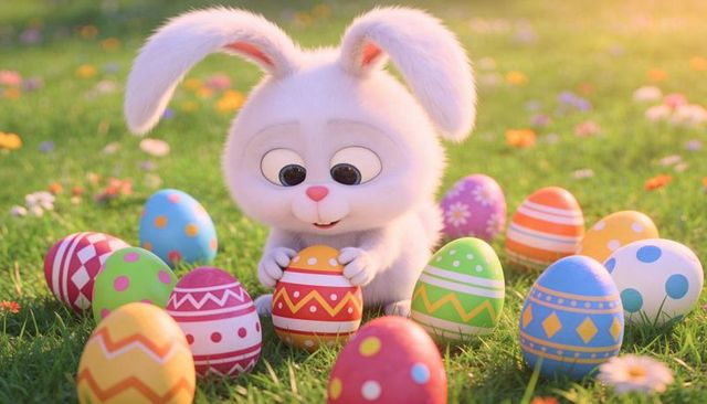 Fluffy white bunny gathering colorful decorated easter eggs on sunlit spring meadow