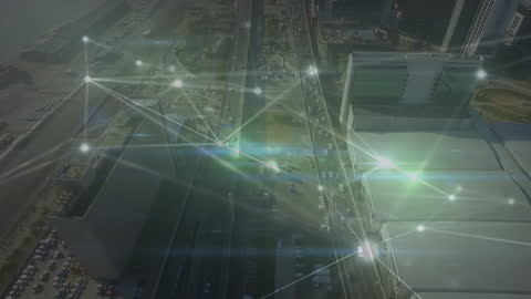 Aerial Cityscape Illuminated by Digital Network Connections