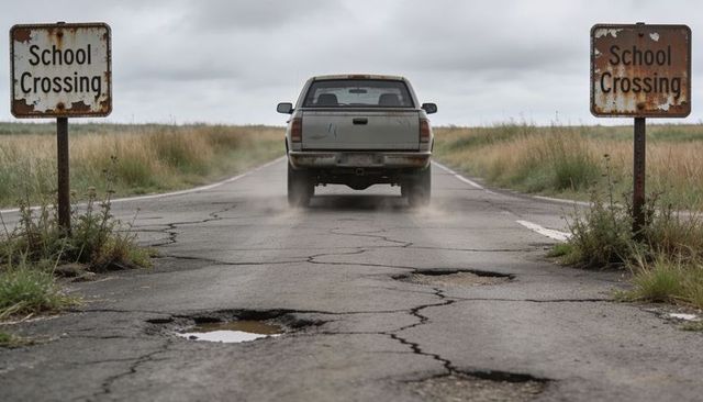 Pickup truck driving past rusted school crossing signs on cracked rural road with potholes