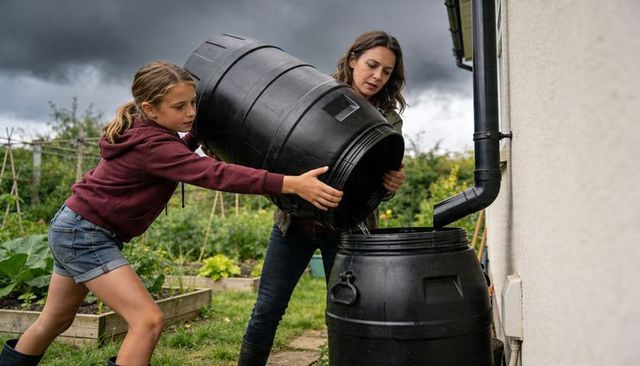 Woman and girl pouring rainwater into garden barrel from downspout under stormy sky