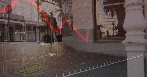 Traveler Navigating Arcade with Financial Graph Overlay