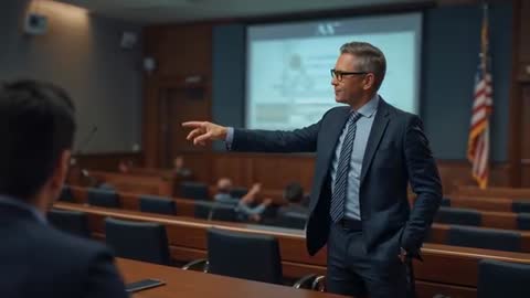 Attorney pointing and addressing attendee during courtroom hearing presentation, flag visible