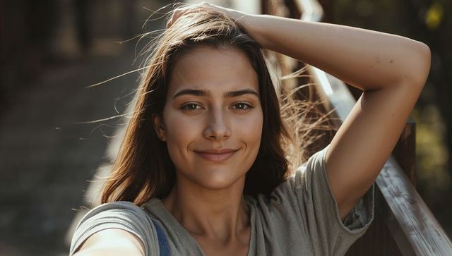 Young woman taking selfie on wooden bridge backlit lifestyle portrait