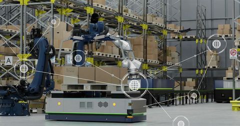Automated robotic warehouse with global connectivity image overlay