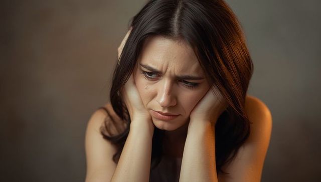 Tearful woman resting head in hands under warm lighting