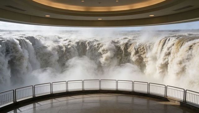 Panoramic indoor overlook facing thundering waterfall gorge with mist and curved balcony