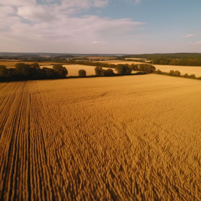 General scenery of wheat fields with clouds on blue sky, created using generative ai technology. Countryside, agriculture and landscape concept digitally generated image.