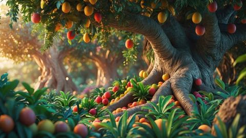 Tranquil orchard with abundant fruit on gnarled trees, garden of eden concept