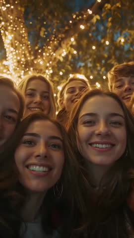 Smiling Friends Leaning Together Under Twinkling Tree Lights Recording Vertical Night Selfie