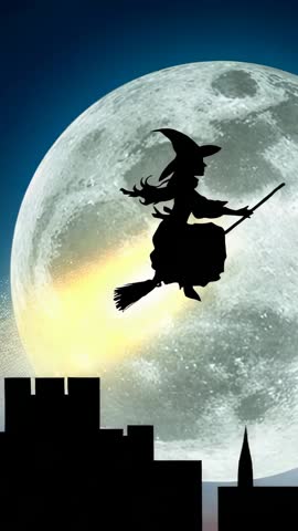 Witch Flying Across Full Moon Over City Skyline Vertical Video for Halloween Magic