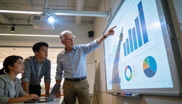 Senior presenter pointing at charts showing business growth and analytics for team meeting
