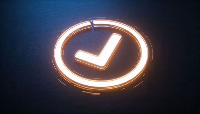 Neon amber check mark pulsing in ring on brushed metal with blue rim emitting soft sparks