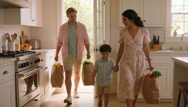 Sunlit family returning from grocery trip carrying paper bags into cozy modern kitchen