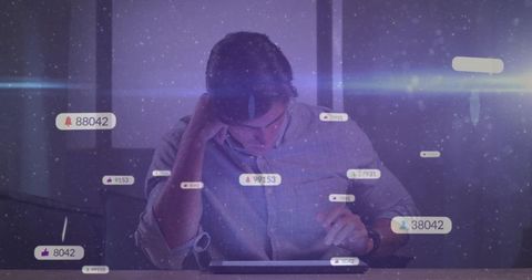 Man Engaging Interactively on Tablet with Notification Overlay