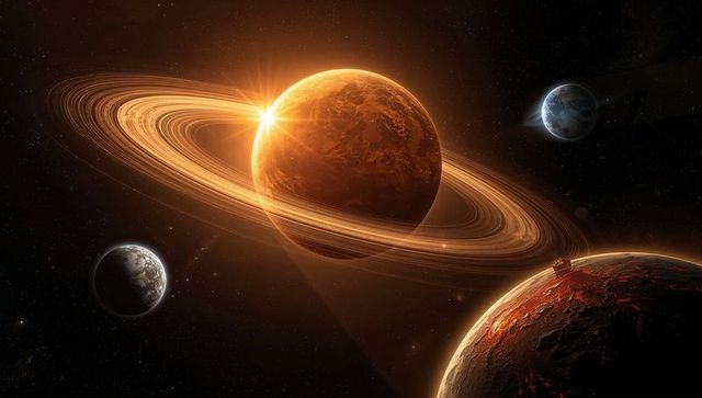 Orbiting ringed planet with glowing rings in deep space