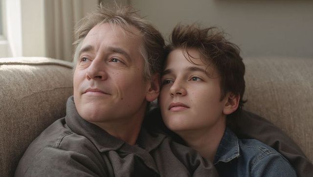 Father and Teen Sharing Quiet Moment Gazing Out Sunlit Window on Beige Couch